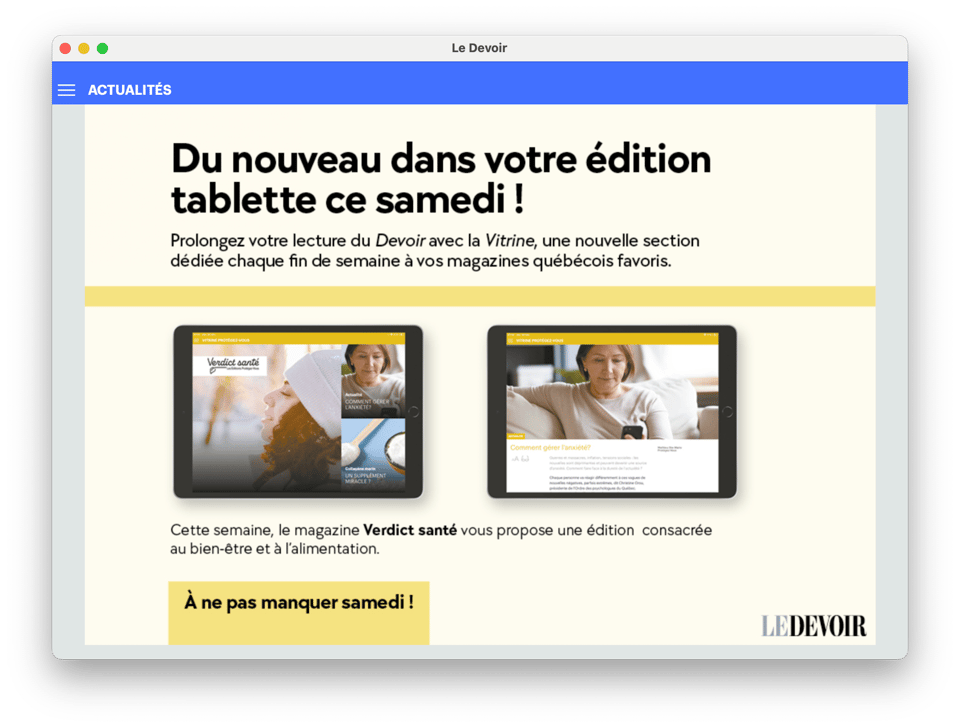 <p>Publicité dans l'application Journal Le Devoir</p>